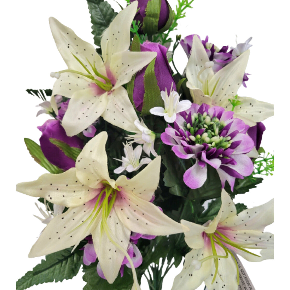 Detailansicht: künstlicher Blumenstrauß in Creme/Lila mit Lilien, Rosen und Dahlien, mit Vase – elegante, langlebige Tischdekoration.