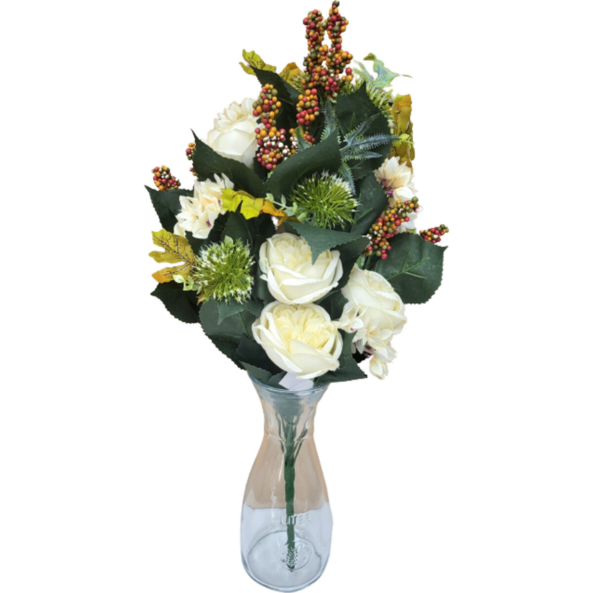 Hochwertiger künstlicher Blumenstrauß in Creme mit Pfingstrosen, Hortensien und Disteln, mit Vase – naturgetreues Seidenblumen-Arrangement, Frontansicht.