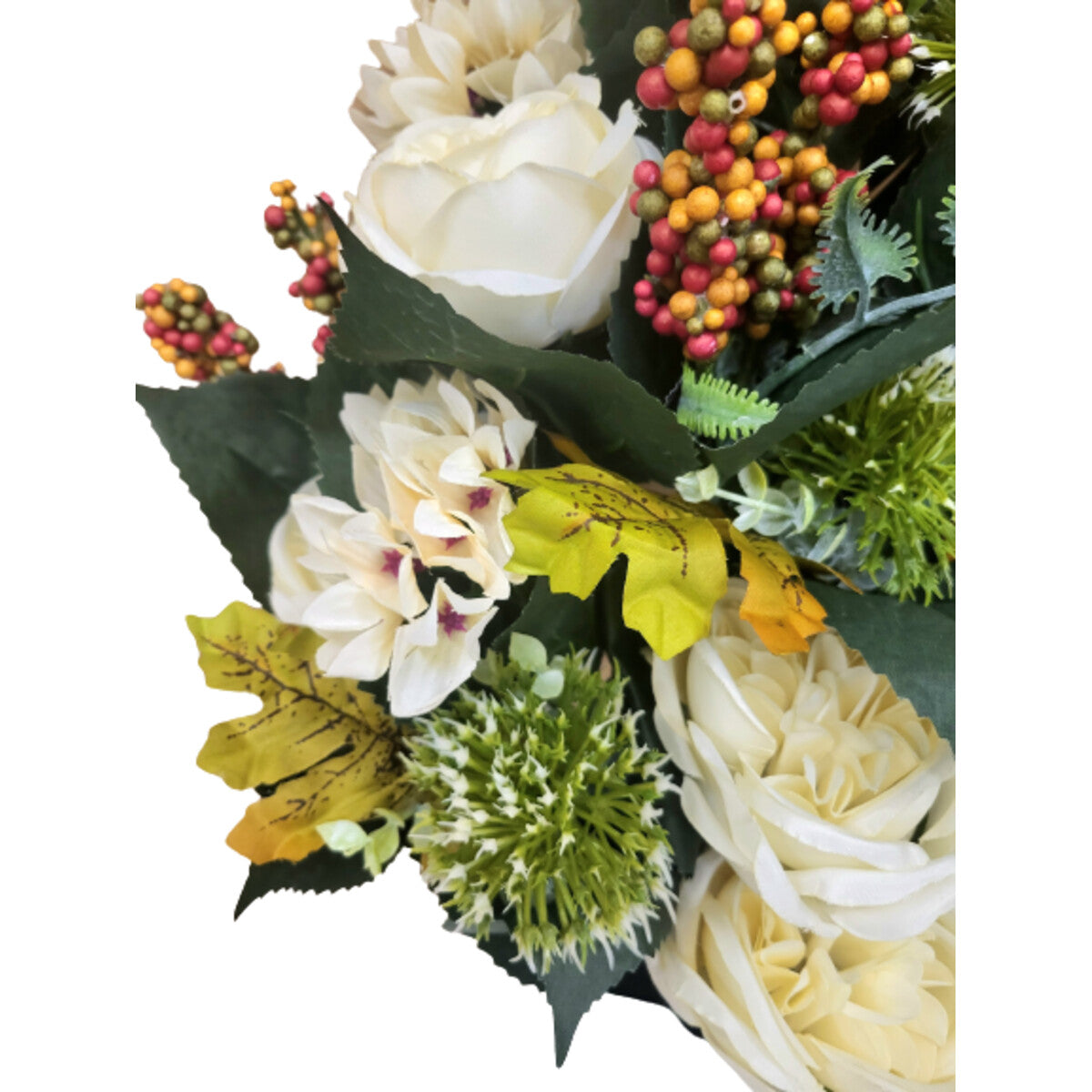 Künstlicher Strauß in Creme mit Pfingstrosen, Hortensien und Disteln, mit Vase – hochwertige, realistische Dekoblumen, Gesamtansicht.