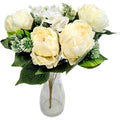 Hochwertiger künstlicher Blumenstrauß in Creme mit Pfingstrosen und Hortensien, mit Vase – naturgetreues Seidenblumen-Arrangement, Frontansicht.
