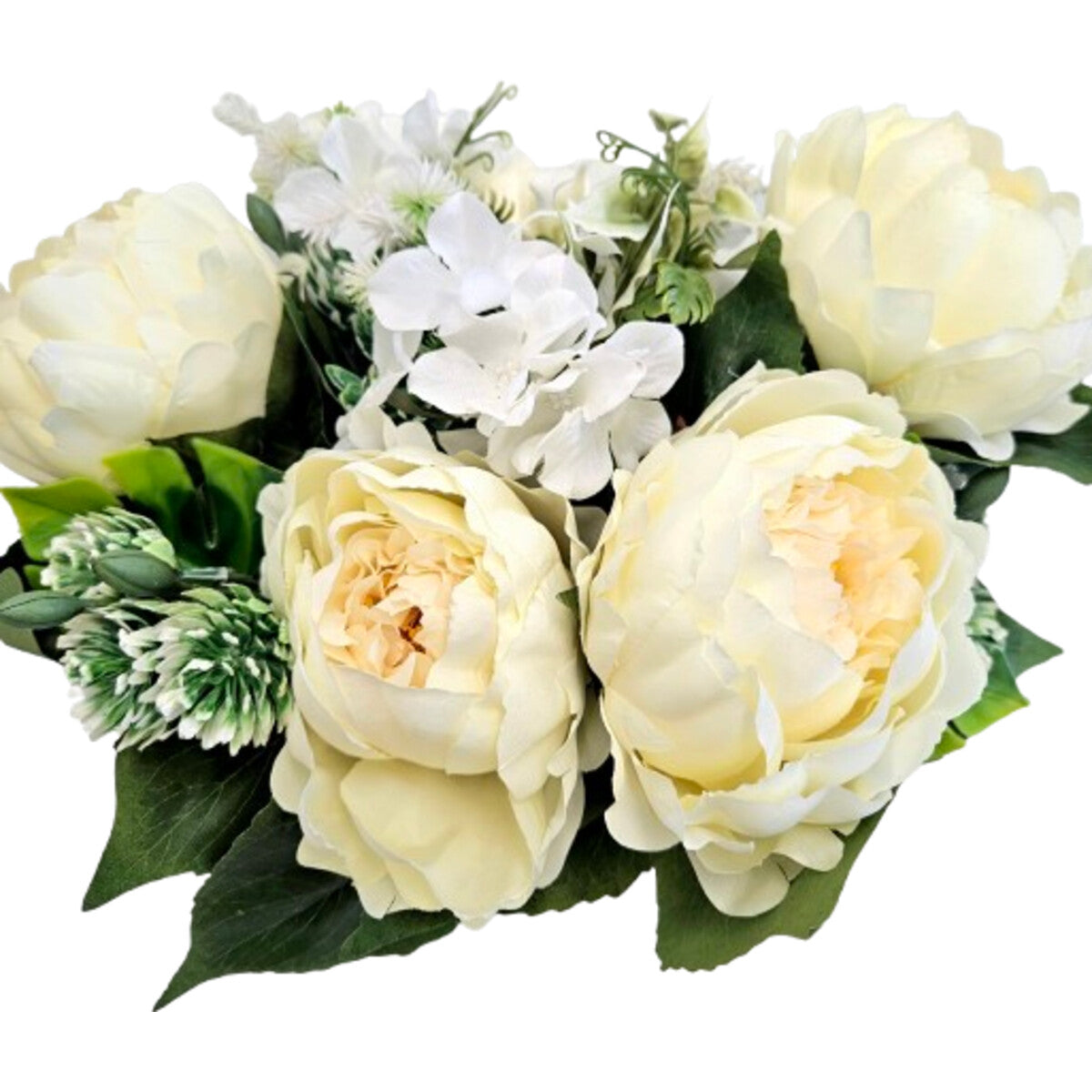 Künstlicher Blumenstrauß in Creme mit Pfingstrosen und Hortensien, mit Vase – hochwertige, realistische Seidenblumen, Detailansicht.