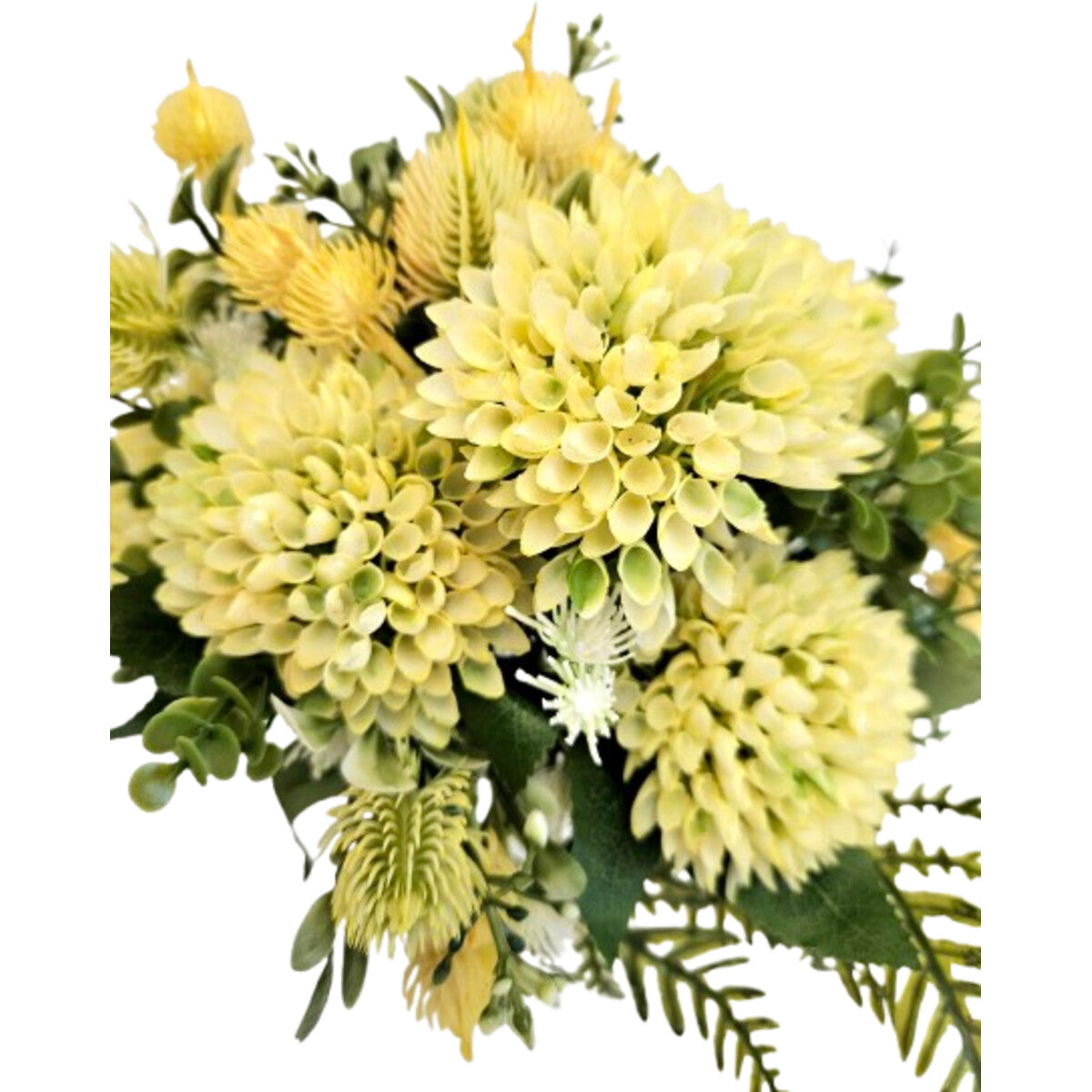 Künstlicher Blumenstrauß in Hellgelb mit Disteln und Beiwerk, mit Vase – hochwertige, realistische Seidenblumen, Detailansicht.