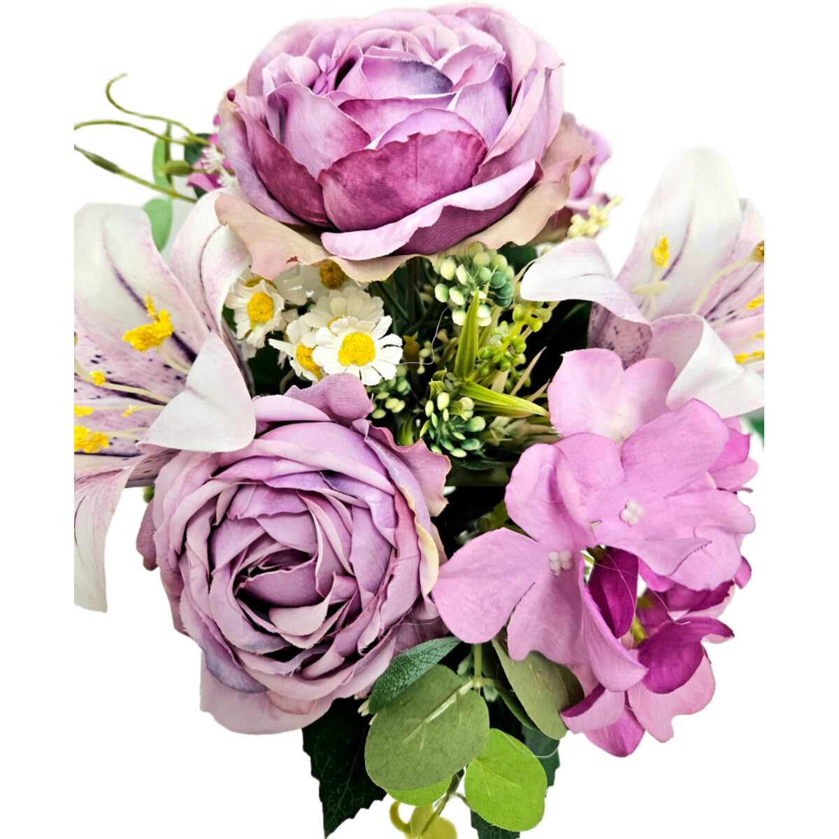 Künstlicher Blumenstrauß Lila mit Pfingstrosen, Lilien und Hortensien, mit Vase – hochwertige, realistische Seidenblumen, Detailansicht.