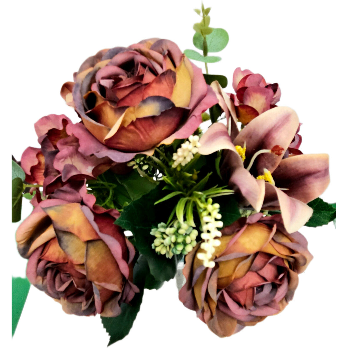 Hochwertiger Kunstblumen-Strauß mit Pfingstrosen, Lilien und Hortensien in Vase – realistische Seidenblumen-Bouquet, Seitenansicht.