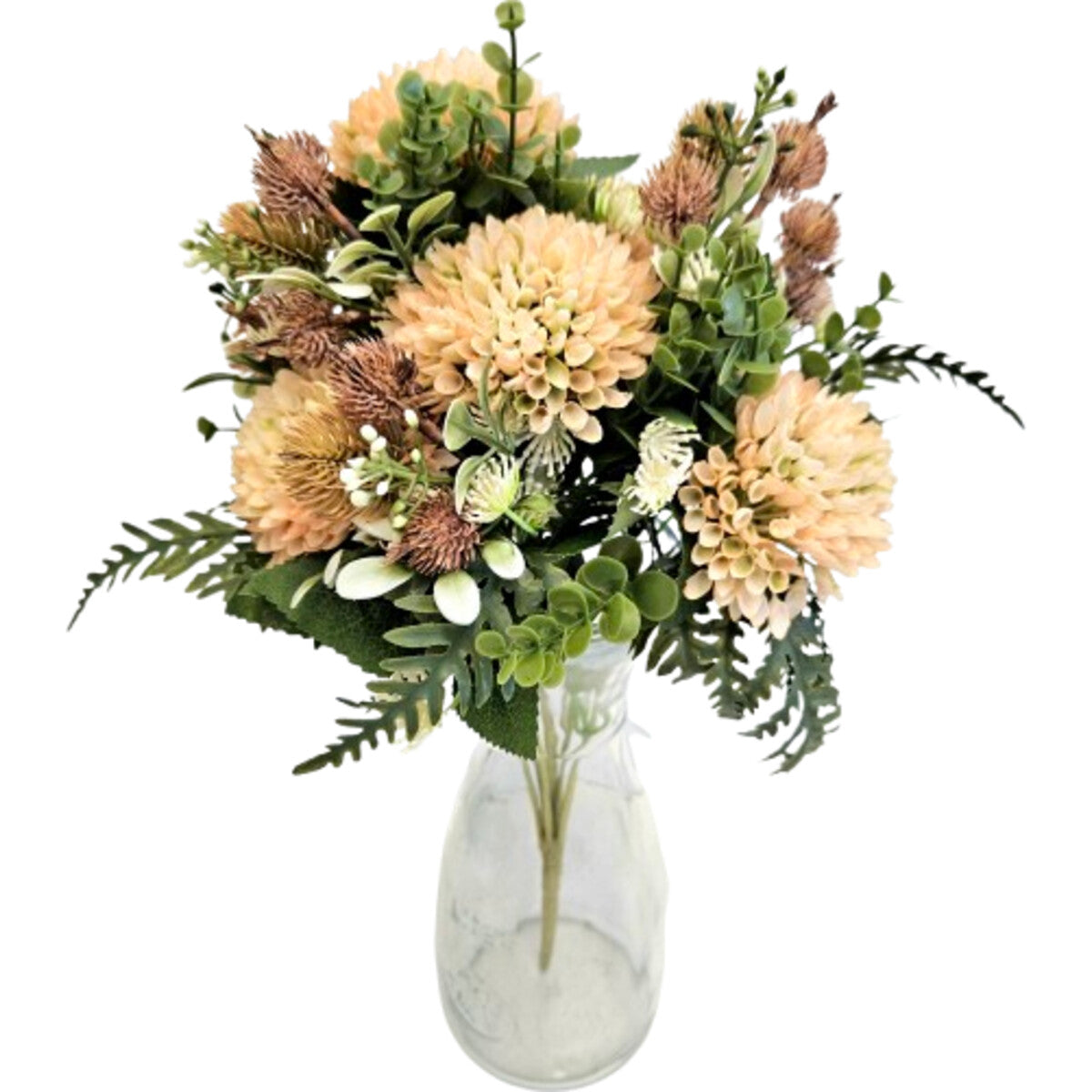 Hochwertiger künstlicher Blumenstrauß in Pfirsich/Apricot mit Disteln und Beiwerk, mit Vase – realistische Seidenblumen, Frontansicht.