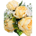 Künstlicher Blumenstrauß in Gelb mit Pfingstrosen und Hortensien, mit Vase – naturgetreue, langlebige Dekoblumen, Detailansicht.
