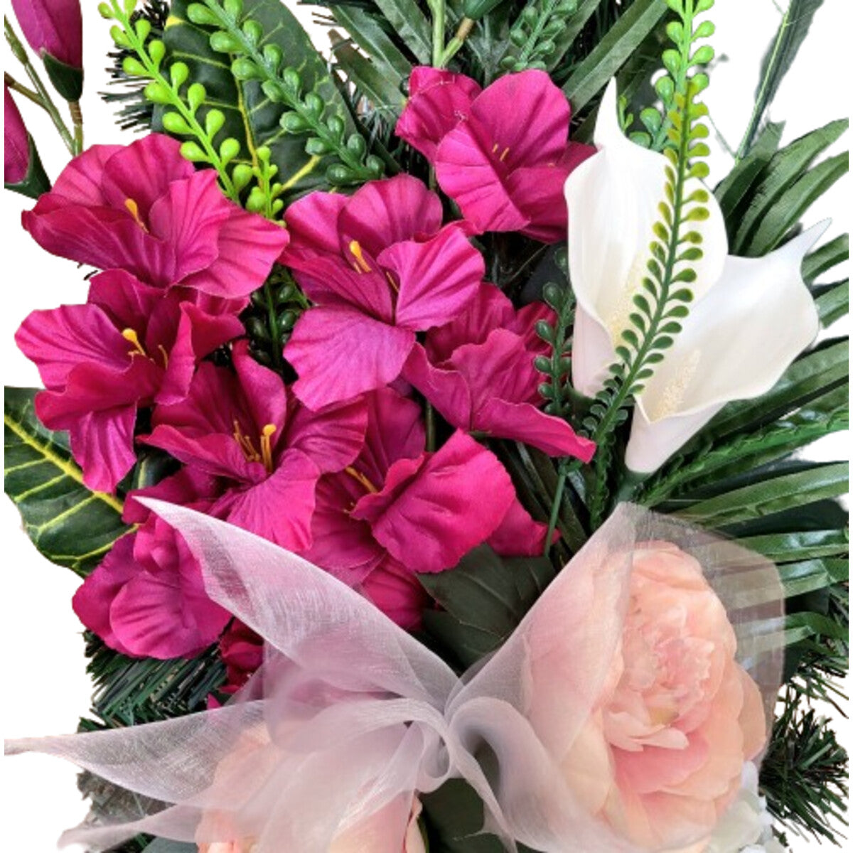 Hochwertiger künstlicher Blumenstrauß in Pink/Apricot mit Gladiolen, Calla, Hortensien und Pfingstrosen, mit Vase – naturgetreue Seidenblumen, Detailansicht.