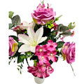 Künstlicher Blumenstrauß in Pink mit Rosen, Lilien und Hortensien, mit Vase – hochwertige, realistische Seidenblumen, Seiten-/Detailansicht.