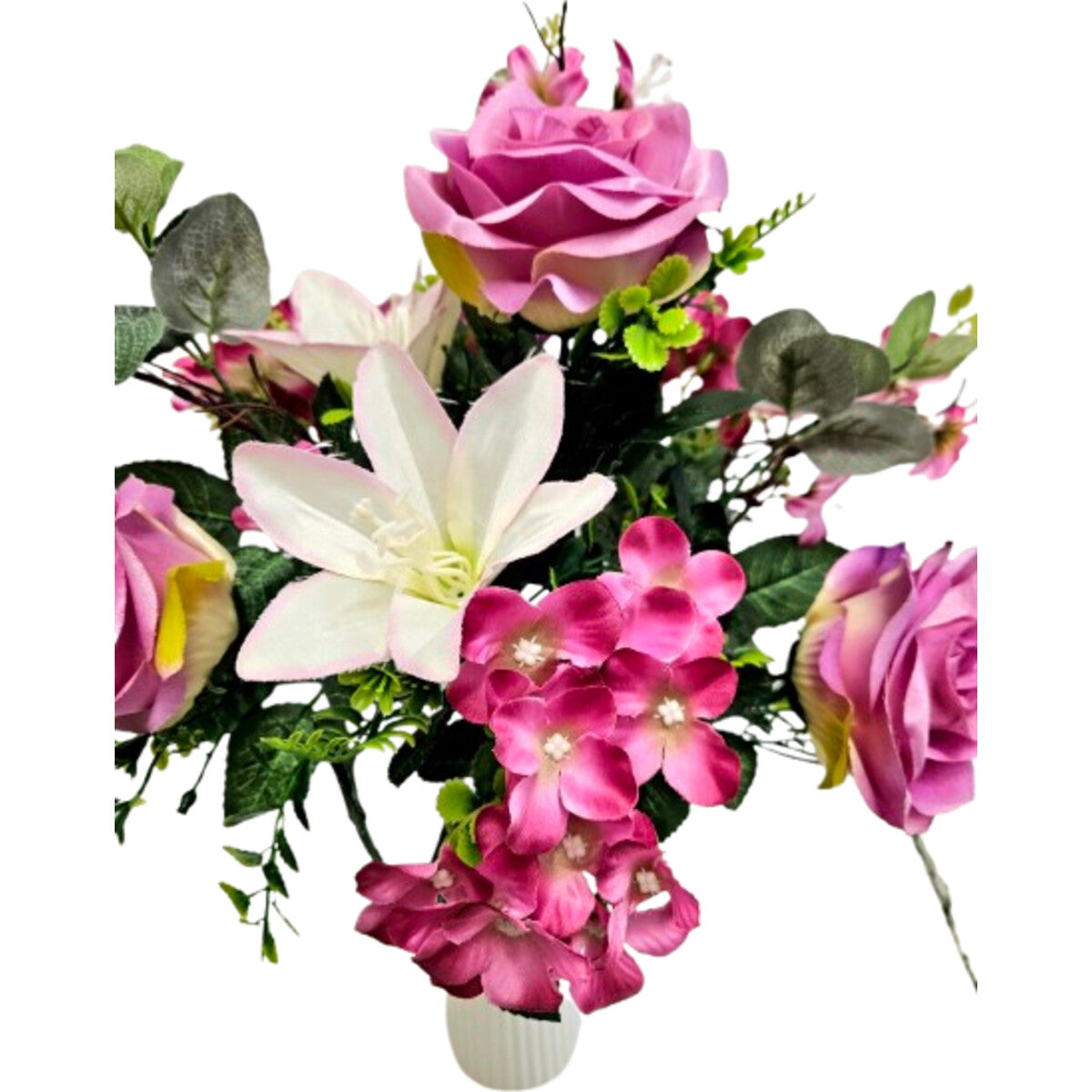 Künstlicher Blumenstrauß in Pink mit Rosen, Lilien und Hortensien, mit Vase – hochwertige, realistische Seidenblumen, Seiten-/Detailansicht.