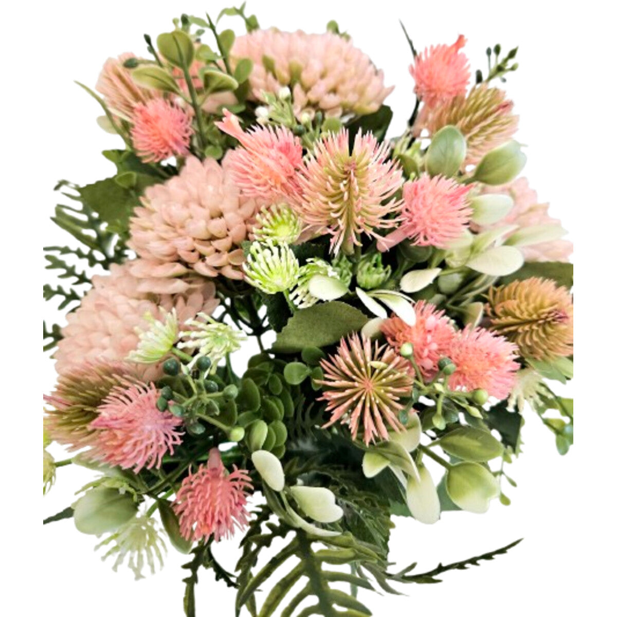 Künstlicher Blumenstrauß in Rosa mit Disteln und Beiwerk, mit Vase – hochwertige, realistische Seidenblumen, Detailansicht.