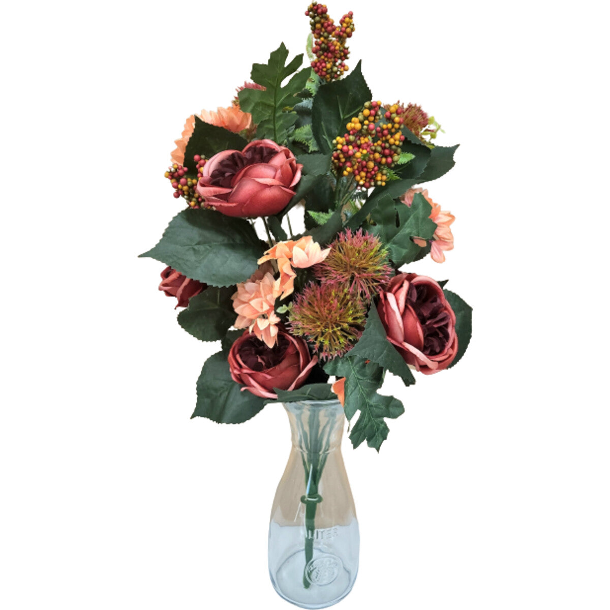 Hochwertiger künstlicher Blumenstrauß in Rosa mit Pfingstrosen, Hortensien und Disteln, mit Vase – romantische, naturgetreue Deko, Frontansicht.