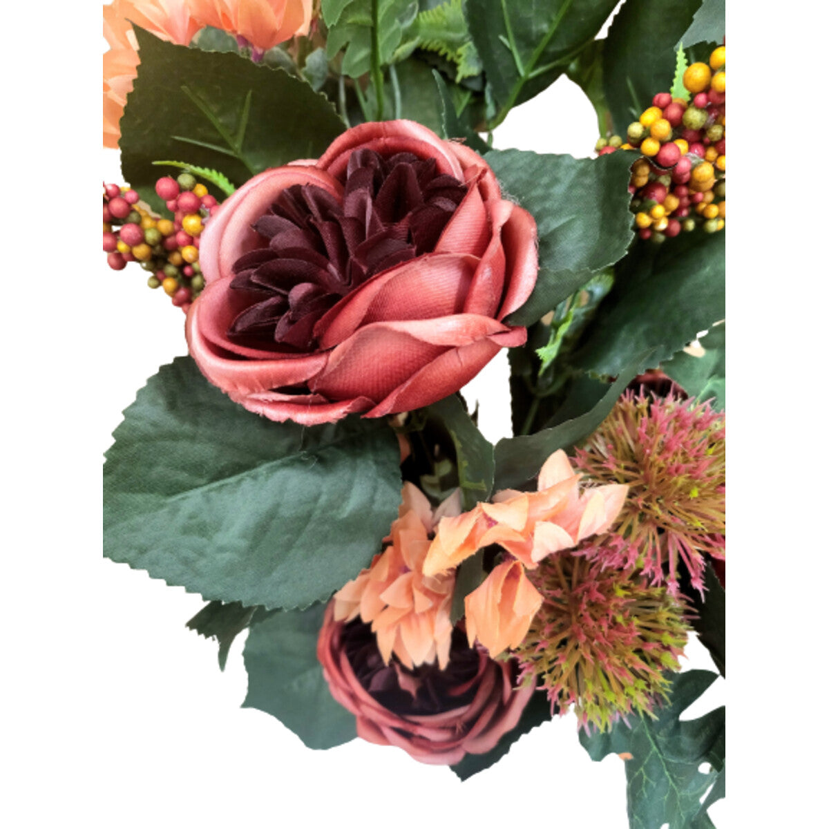 Künstlicher Strauß in Rosa mit Pfingstrosen, Hortensien und Disteln, mit Vase – hochwertige Seidenblumen, Seitenansicht.