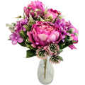 Hochwertiger künstlicher Blumenstrauß in Rosa mit Pfingstrosen und Hortensien, mit Vase – romantische, naturgetreue Deko, Frontansicht.