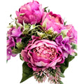 Künstlicher Blumenstrauß in Rosa mit Pfingstrosen und Hortensien, mit Vase – hochwertige Seidenblumen, Seiten-/Detailansicht.