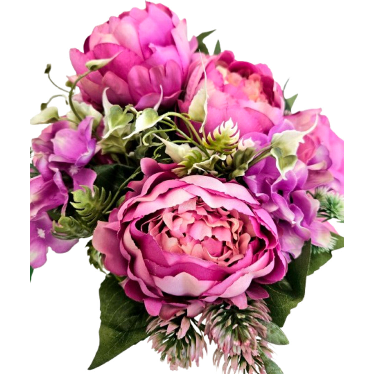 Künstlicher Blumenstrauß in Rosa mit Pfingstrosen und Hortensien, mit Vase – hochwertige Seidenblumen, Seiten-/Detailansicht.