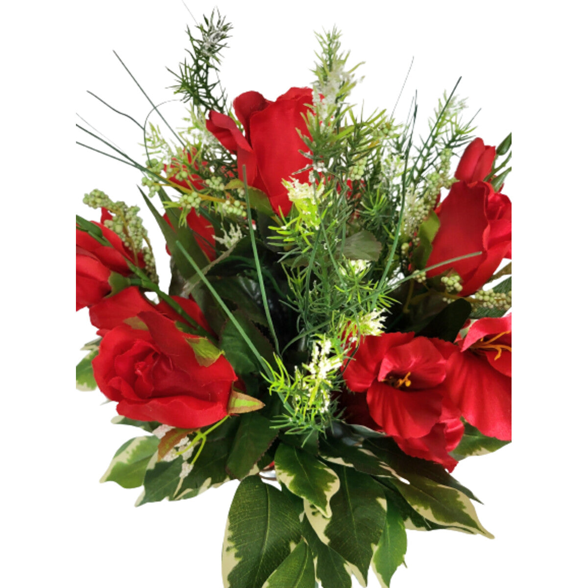 Eleganter künstlicher Strauß mit roten Rosen und Gladiolen, mit Vase – naturgetreue Tischdeko, Nahaufnahme.