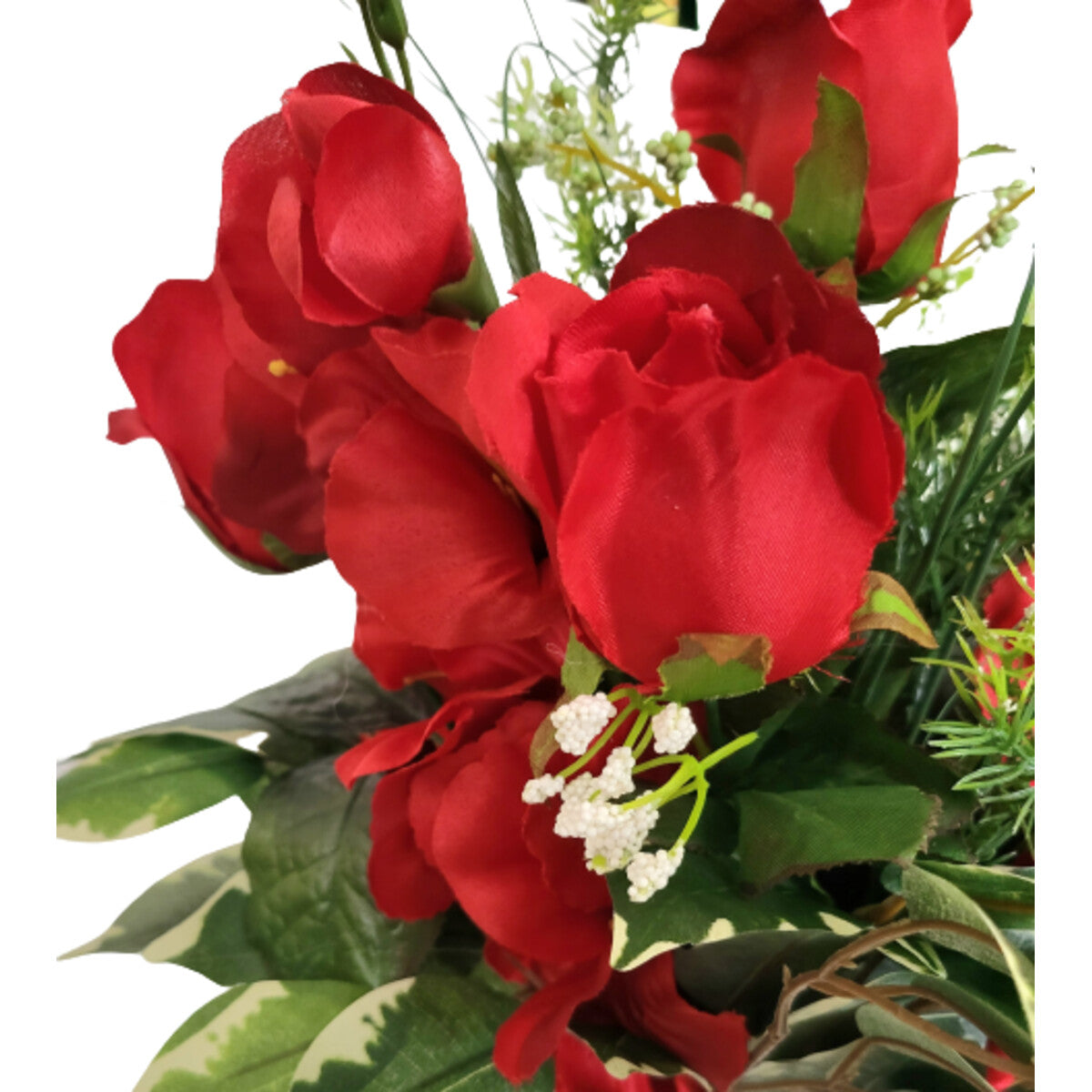 Künstlicher Blumenstrauß in Rot (Rosen & Gladiolen), mit Vase – hochwertige Seidenblumen, Detail/Close-up.
