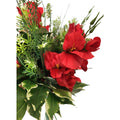 Roter Kunstblumen-Strauß mit Rosen und Gladiolen, mit Vase – edles Arrangement, Seitenansicht.