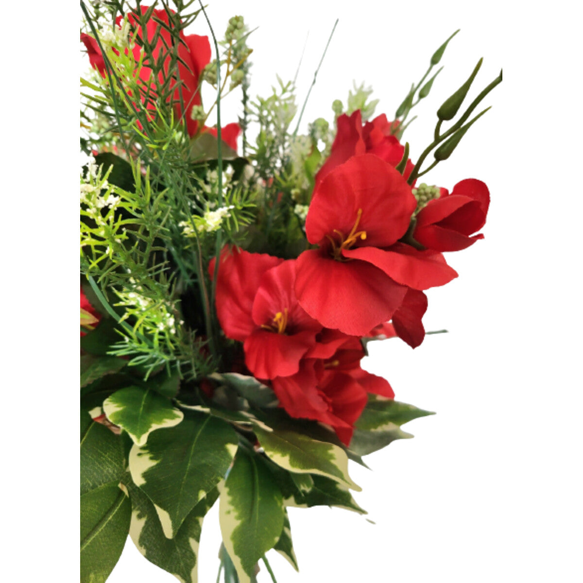 Roter Kunstblumen-Strauß mit Rosen und Gladiolen, mit Vase – edles Arrangement, Seitenansicht.