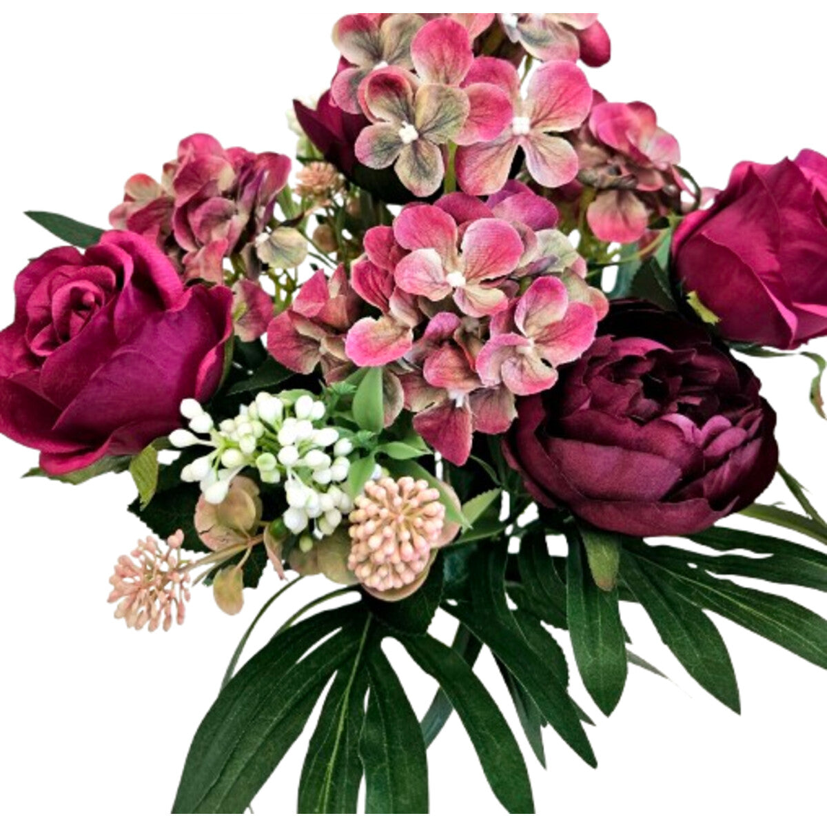 Künstlicher Blumenstrauß in Weinrot mit Pfingstrosen, Rosen und Hortensien, mit Vase – hochwertige, realistische Seidenblumen, Detail/Seitenansicht.