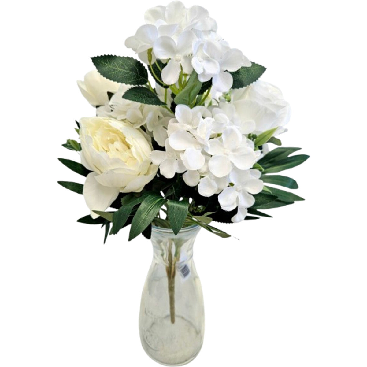 Hochwertiger künstlicher Blumenstrauß in Weiß/Creme mit Pfingstrosen, Rosen und Hortensien, mit Vase – edle, naturgetreue Dekoblumen, Frontansicht.