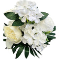 Künstlicher Blumenstrauß in Weiß/Creme mit Pfingstrosen, Rosen und Hortensien, mit Vase – hochwertige Seidenblumen, Detail/Seitenansicht.