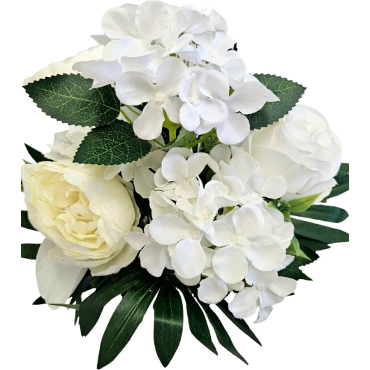 Künstlicher Blumenstrauß in Weiß/Creme mit Pfingstrosen, Rosen und Hortensien, mit Vase – hochwertige Seidenblumen, Detail/Seitenansicht.