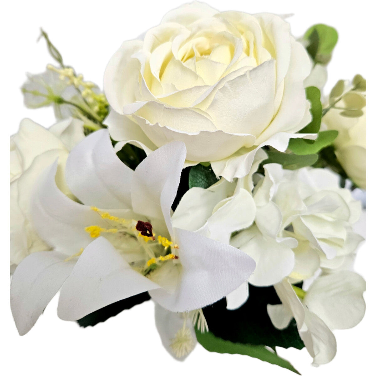 Künstlicher Blumenstrauß in Weiß/Creme mit Pfingstrosen, Lilien und Hortensien, mit Vase – hochwertige, realistische Seidenblumen, Detail/Seitenansicht.