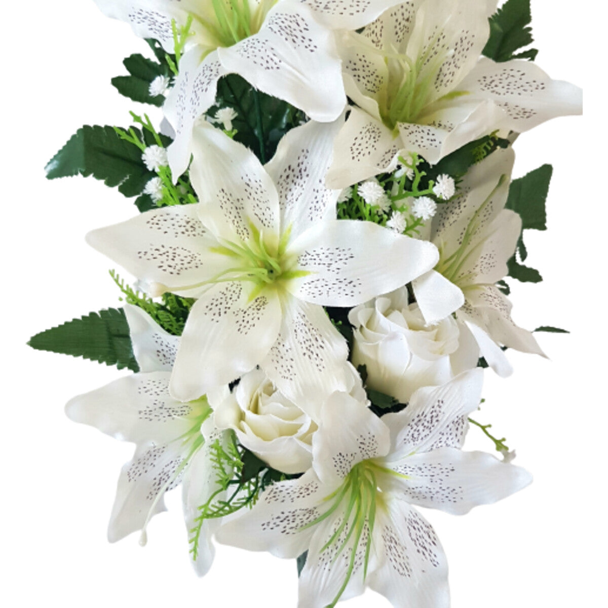 Detailansicht: künstlicher Blumenstrauß Weiß mit Rosen und Lilien, mit Vase – edle, naturgetreue Seidenblumen.