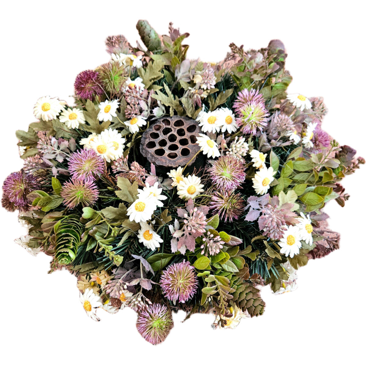 Künstlicher Trauerkranz mit Gänseblümchen und Disteln – realistische, langlebige Grabdekoration, Gesamtansicht.