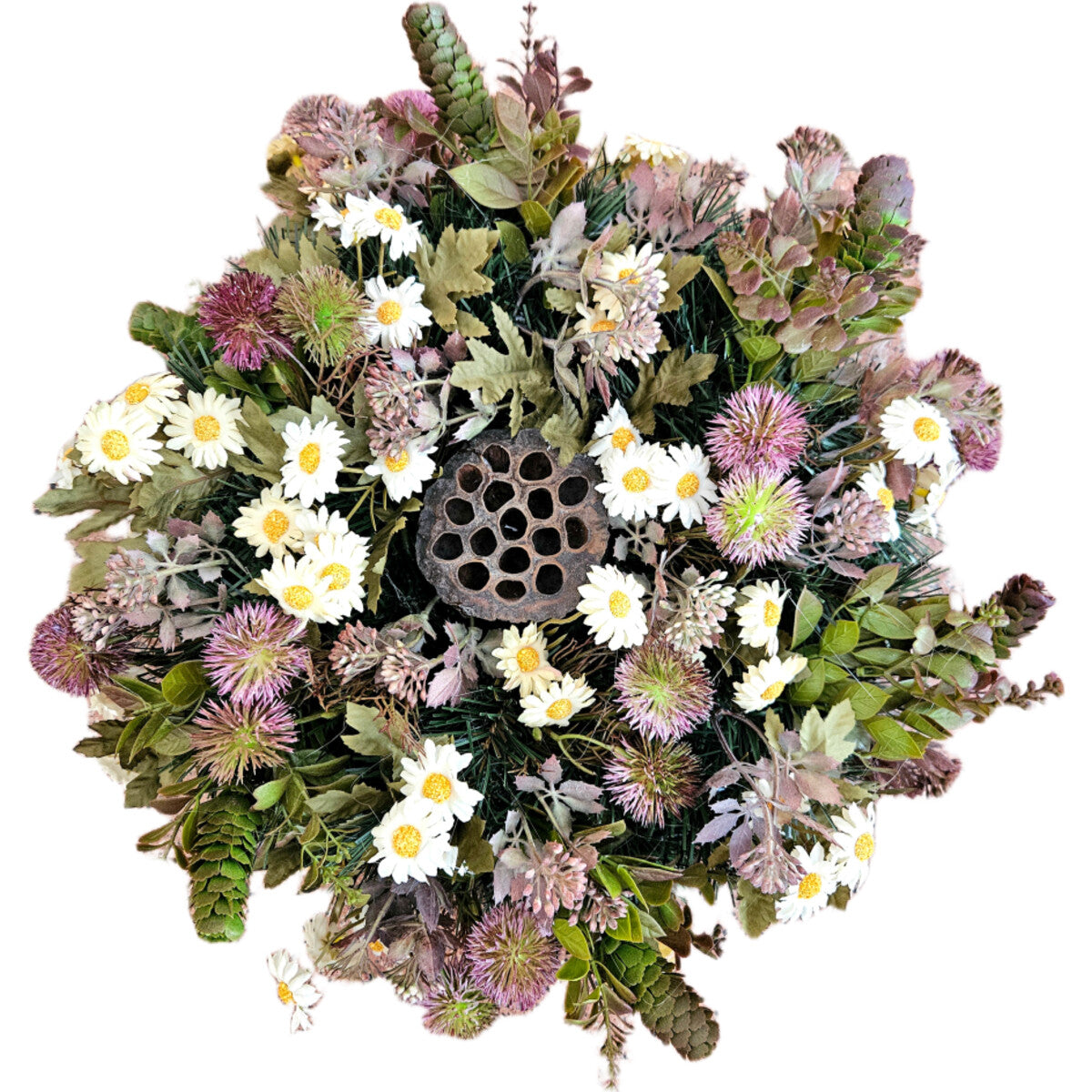 Hochwertiger künstlicher Trauerkranz mit Gänseblümchen und Disteln – naturgetreue, runde Gedenkdeko, Frontansicht.